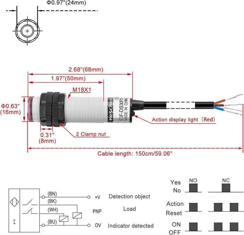 Heschen M18 Column Infrared Photoelectric Proximity Switch, Diffuse Reflection Type, E3F-DS30P3, Detection Distance 10-30CM, 10-30VDC 200mA, PNP NO+NC, 4 Wire - Image 2